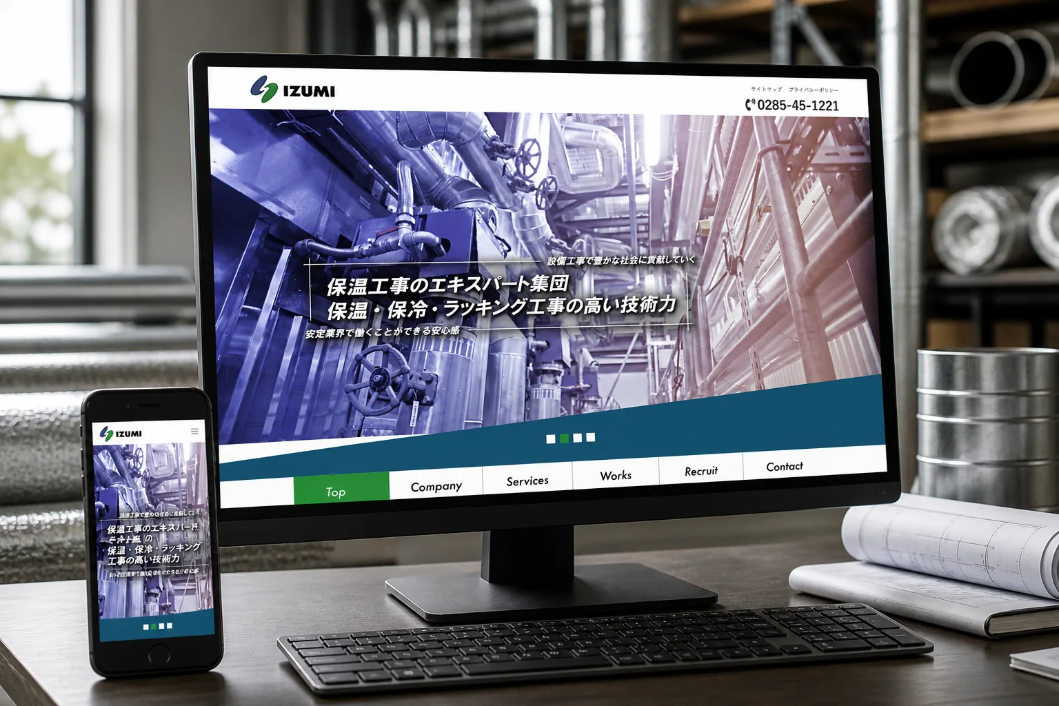 泉工業株式会社様のWEBサイトを表示したPCとスマートフォン