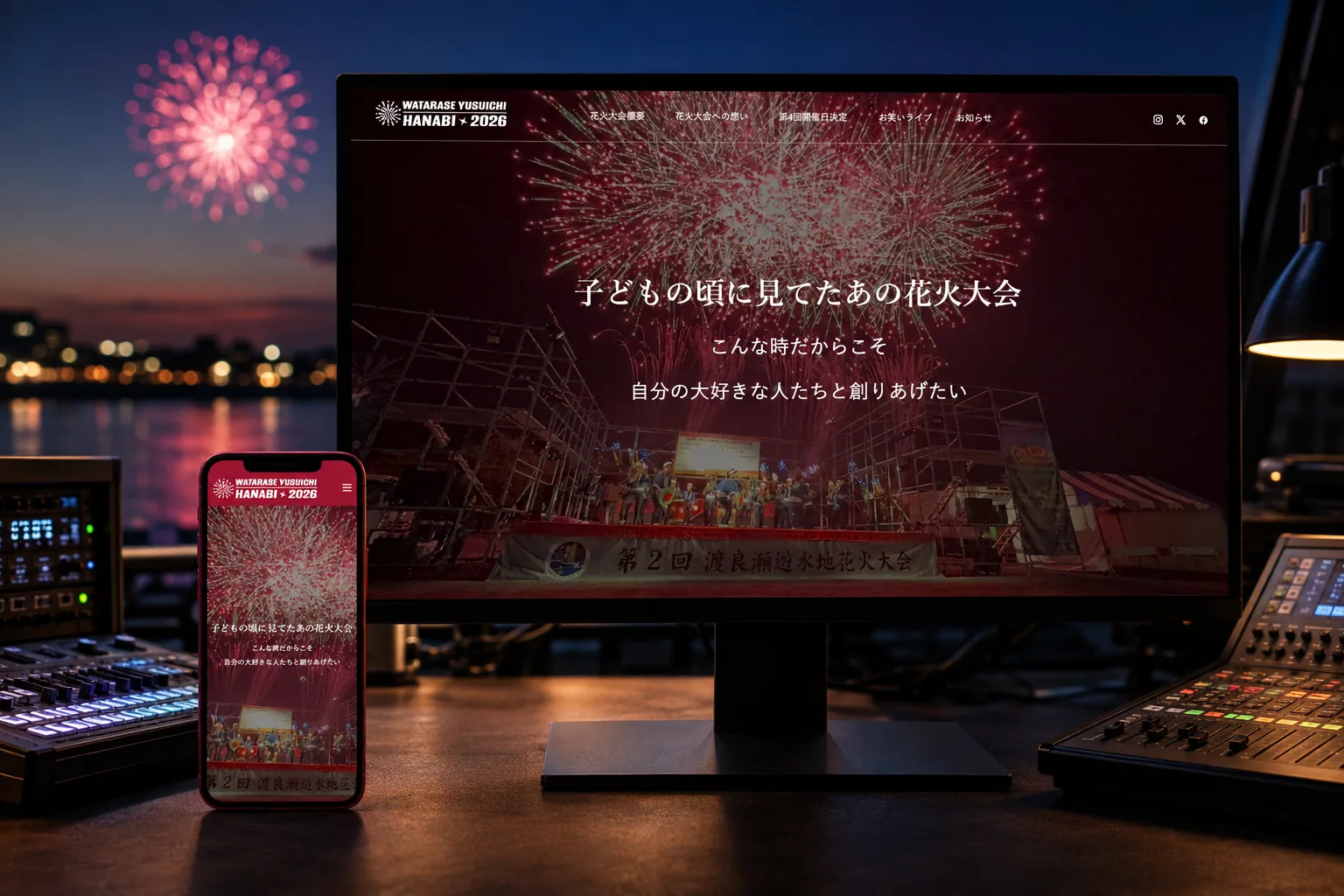 渡良瀬遊水地花火大会実行委員会様のWEBサイトを表示したPCとスマートフォン