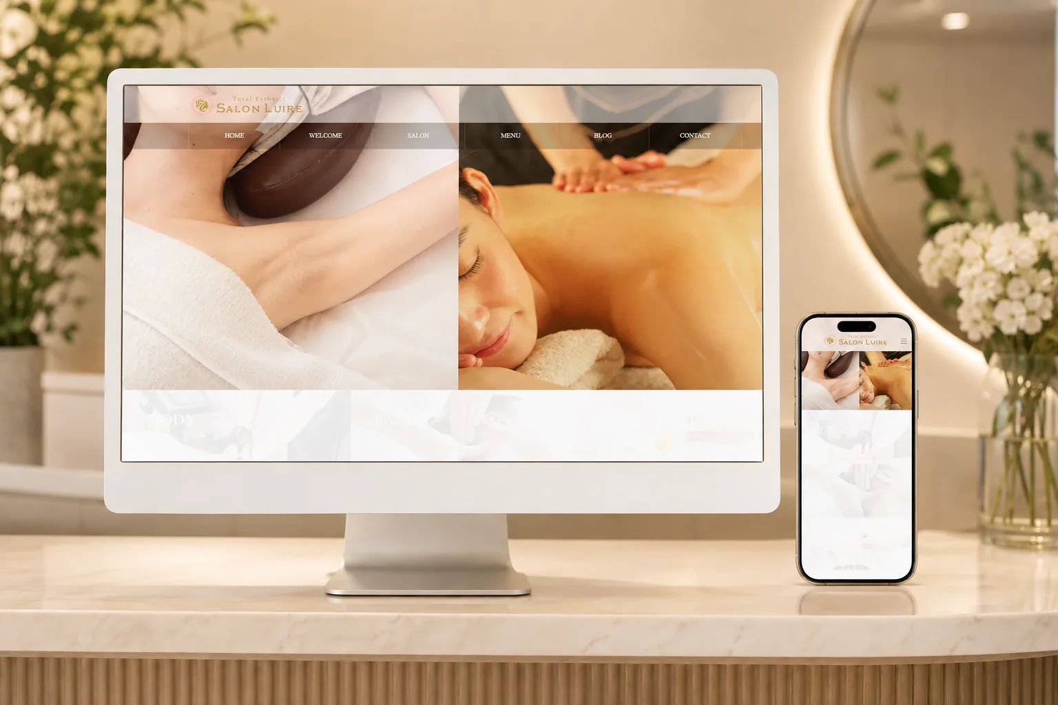 エステティックサロンLuire様のWEBサイトを表示したPCとスマートフォン