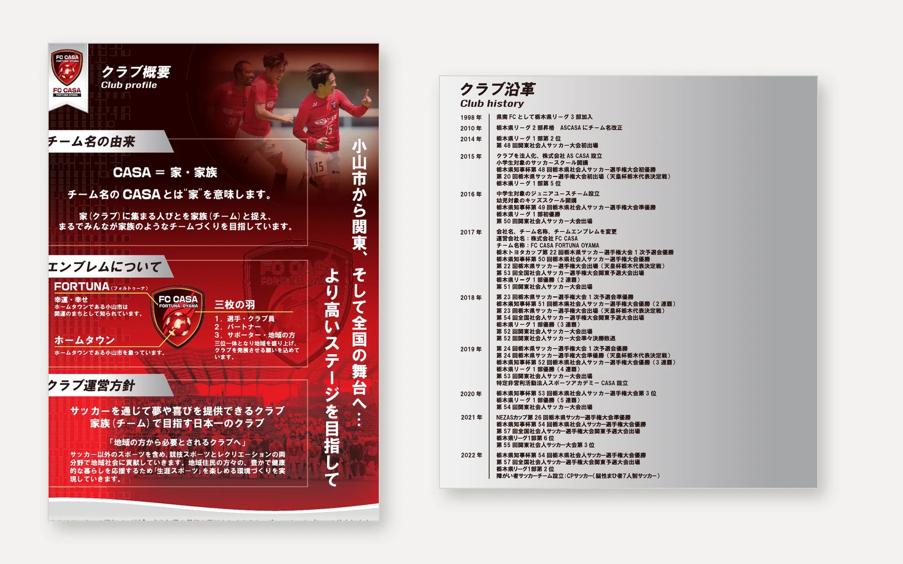 入稿用のトンボや指示を除いたFC CASA様クラブ紹介フォルダーの内面デザイン