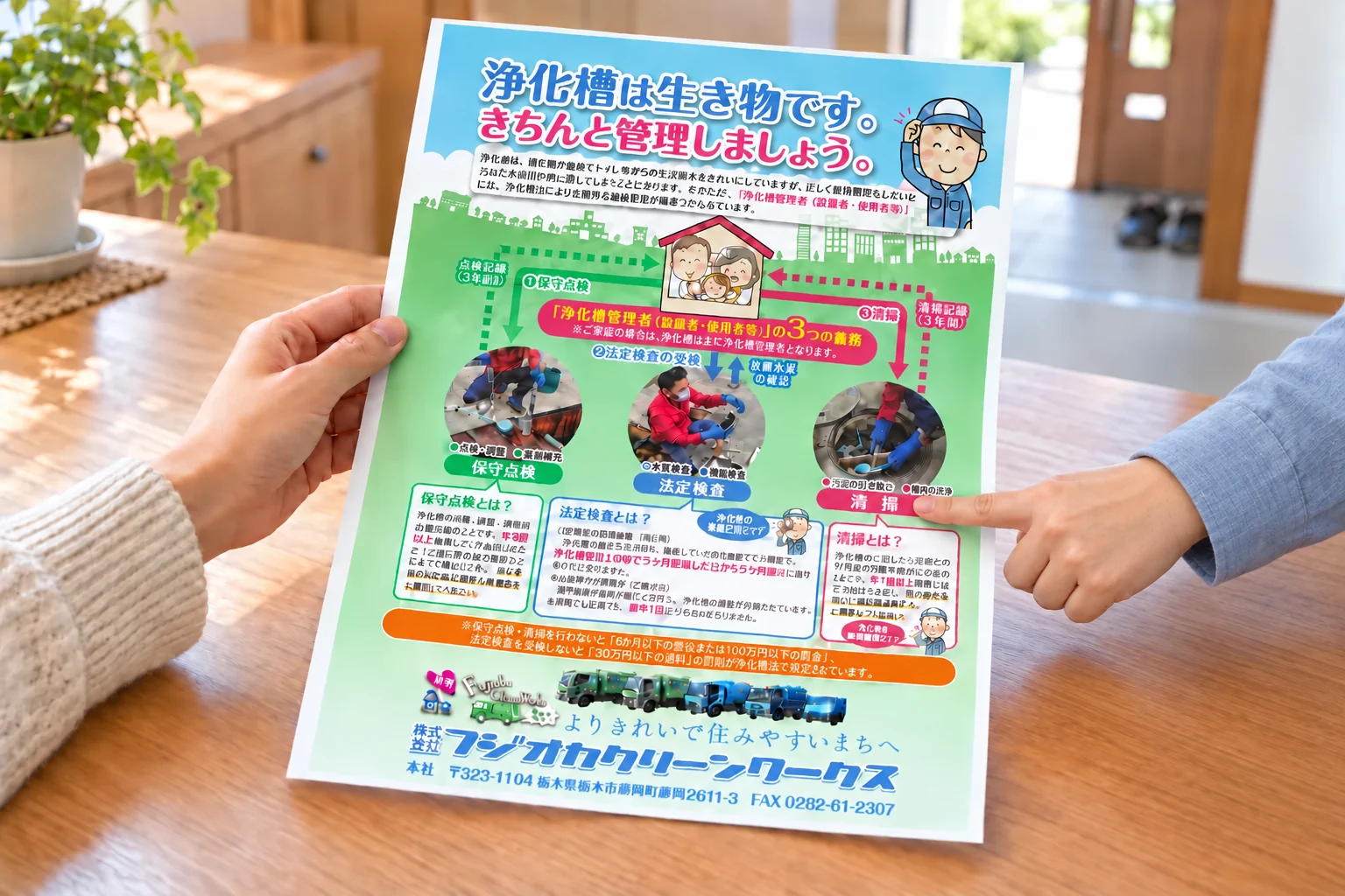 一人がフライヤーを持ち、青いシャツの人物が伸ばした左腕で清掃項目を指し示す様子