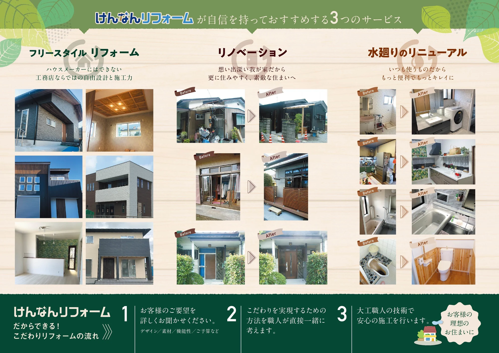 三つのサービスと施工事例を整理したけんなんリフォーム様のリーフレット内面