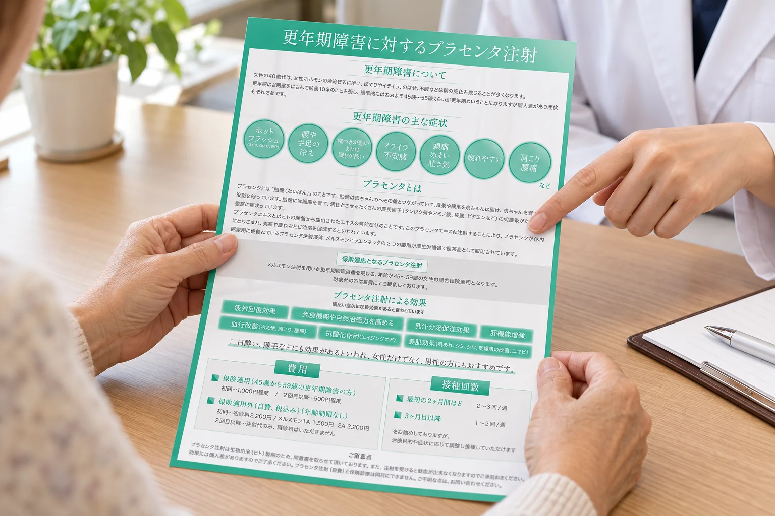 医療スタッフの説明を受けながら施術説明資料を確認する様子