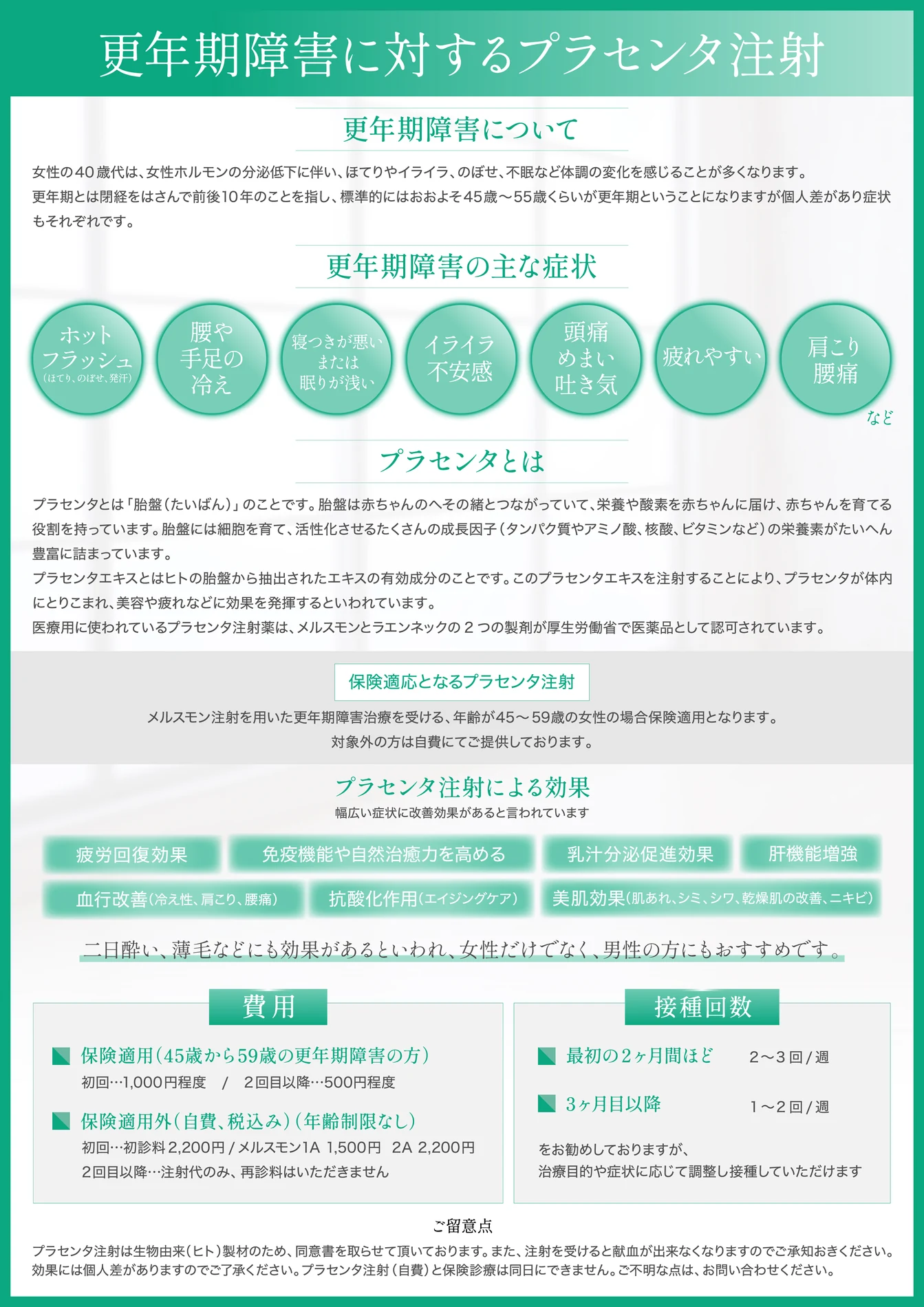 更年期障害に対するプラセンタ注射の情報を整理した説明資料