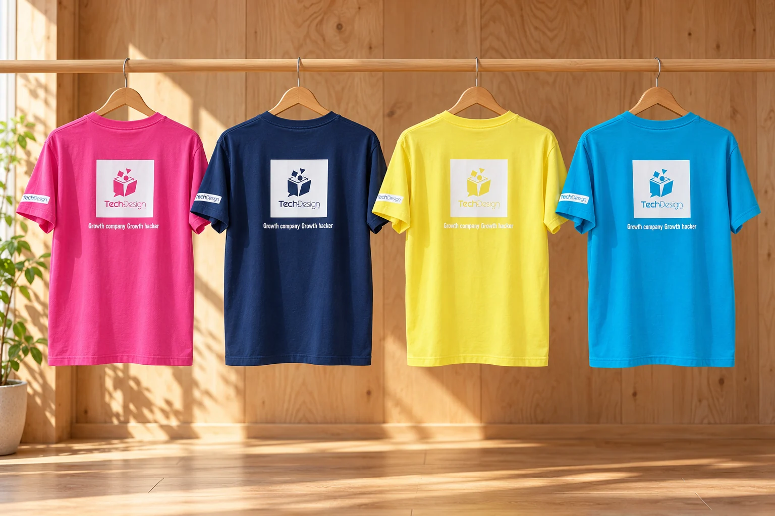 ピンク・ネイビー・イエロー・シアンで展開した背面ボックスロゴTシャツ