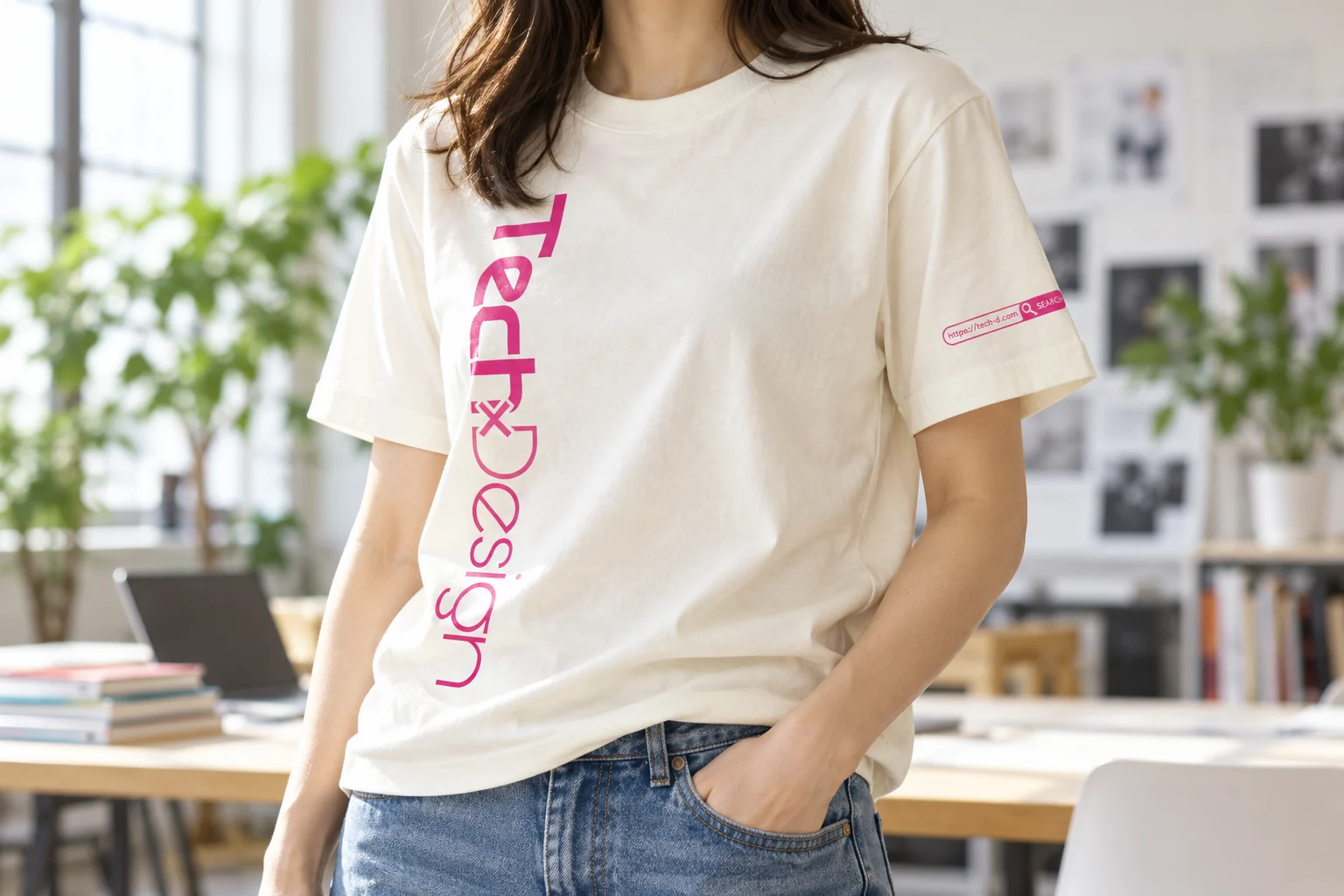 縦に配置したピンクのTechDesignロゴと袖のURLを見せたTシャツ