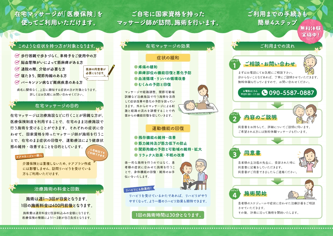 サービス内容と利用方法を整理した訪問鍼灸マッサージのリーフレット中面