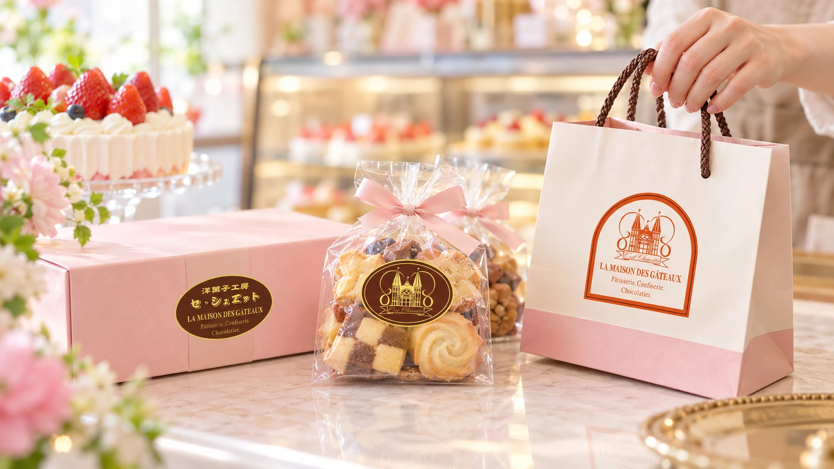 焼き菓子の箱や袋にブランドシールを展開した使用イメージ