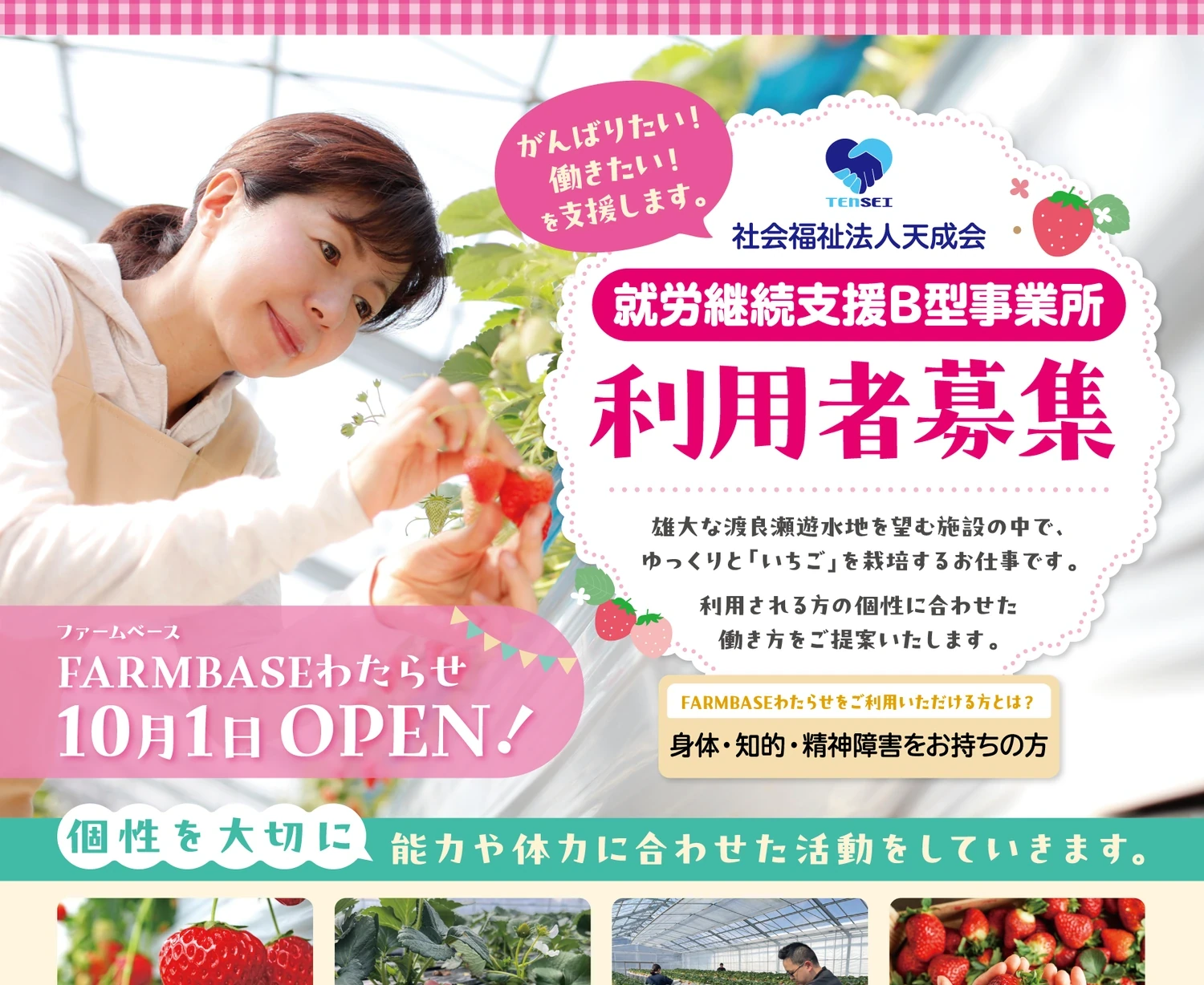 いちご農園で働く魅力と利用者募集のメッセージを伝える紙面