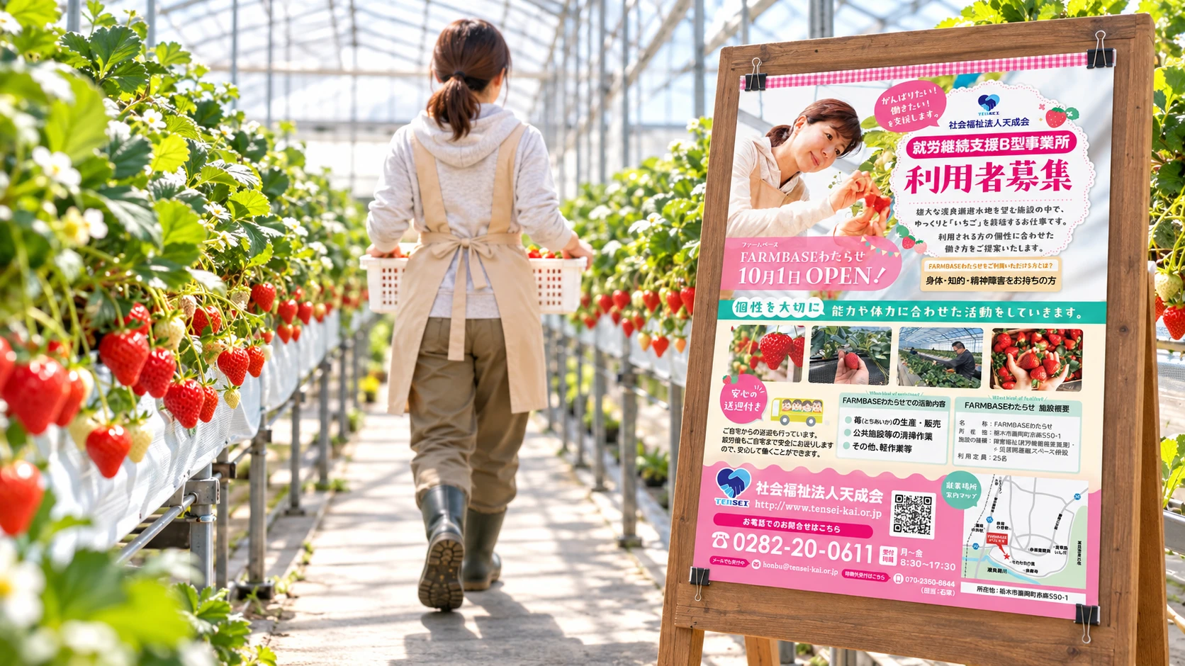 いちご農園の通路を歩くスタッフと、独立した案内スタンドに掲示した利用者募集フライヤー